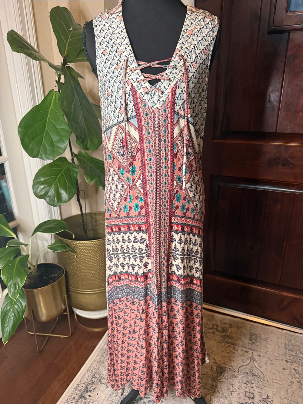 One World sleeveless patchwork,  eclectic, bohemian aesthetic maxi dress SZ L
